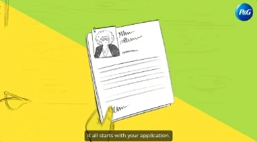 Animowana grafika przedstawiająca aplikację z wypełnionym formularzem i ilustracją osoby na dokumentach firmy P&G