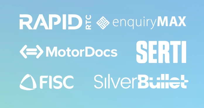 Logo siedmiu firm na niebiesko-zielonym gradientowym tle prezentujące różnorodne marki technologiczne i usługowe