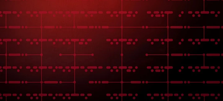 Ciemnoczerwone tło z abstrakcyjnym wzorem przypominającym kod binarny lub układ elektroniczny