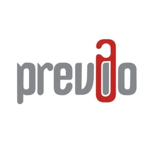 Logo firmy Previ do z nowoczesnym designem liter w odcieniach szarości i czerwieni