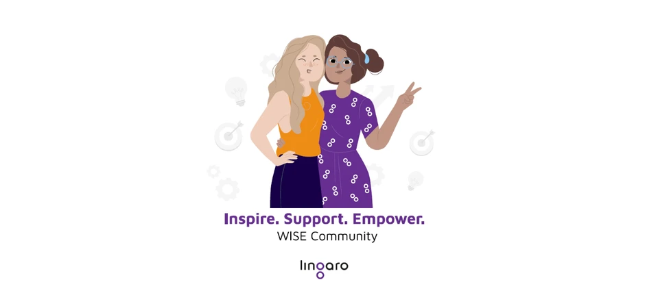 Ilustracja dwóch kobiet wspierających się nawzajem z napisem Inspire Support Empower w profilu pracodawcy