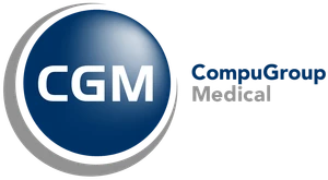 Logo CompuGroup Medical z niebieskim okrągłym symbolem i nazwą firmy po prawej stronie