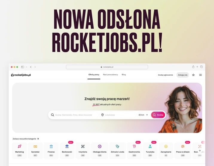 Widok nowej strony RocketJobs.pl z polem wyszukiwania pracy i kategoriami ofert dla pracodawców i kandydatów