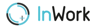 Logo firmy InWork z elementami graficznymi w kolorze niebieskim i czarnym symbolizujące nowoczesne rozwiązania rekrutacyjne