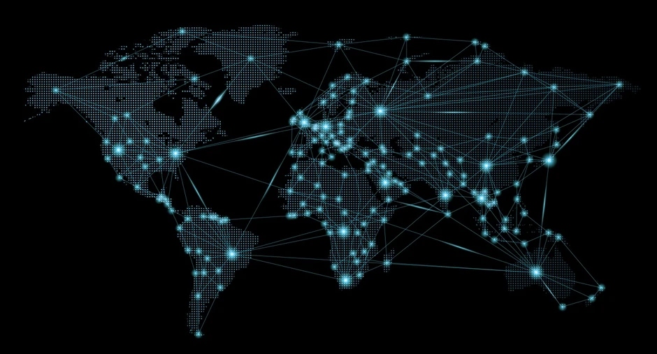 Mapa świata z punktami i liniami symbolizującymi globalną sieć połączeń i współpracy między kontynentami