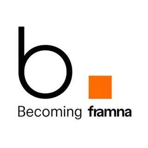 Logo Becoming Framna z literą b i pomarańczowym kwadratem w minimalistycznym stylu