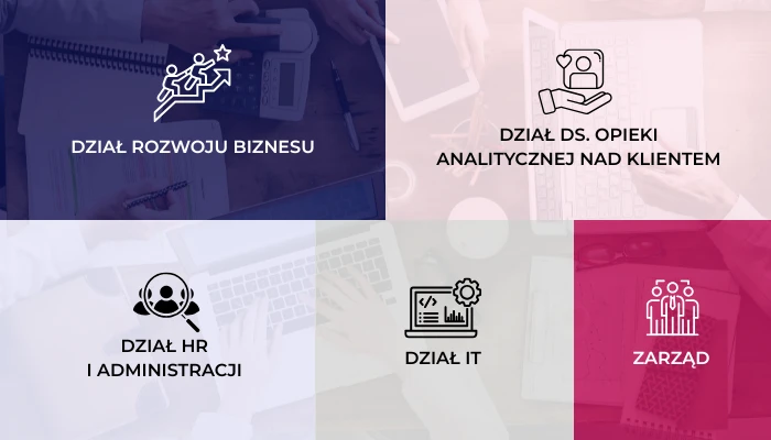 Ikony i nazwy działów firmy na tle biurowych akcesoriów ilustrują różne obszary działalności organizacji