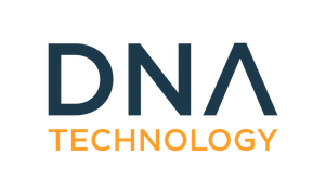 Logo firmy DNA Technology z nowoczesnym napisem łączącym ciemny i pomarańczowy kolor do profilu pracodawcy