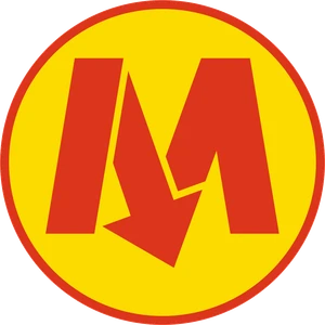 Logo stacji metra z czerwonym symbolem i strzałką na żółtym tle z czerwonym obramowaniem