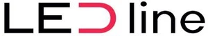 Logo firmy LEDline z nowoczesnym napisem i akcentem koloru czerwonego w środku