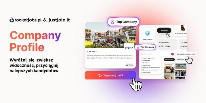 Grafika promująca tworzenie profilu firmy na rocketjobs.pl i justjoin.it dla zwiększenia widoczności i przyciągnięcia kandydatów