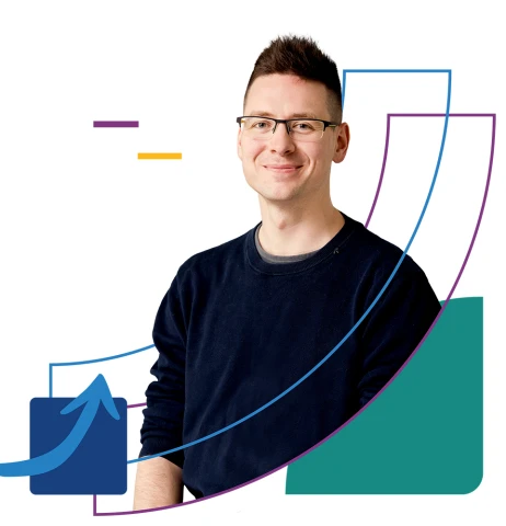 Portret uśmiechniętego młodego mężczyzny w okularach na białym tle z kolorowymi grafikami