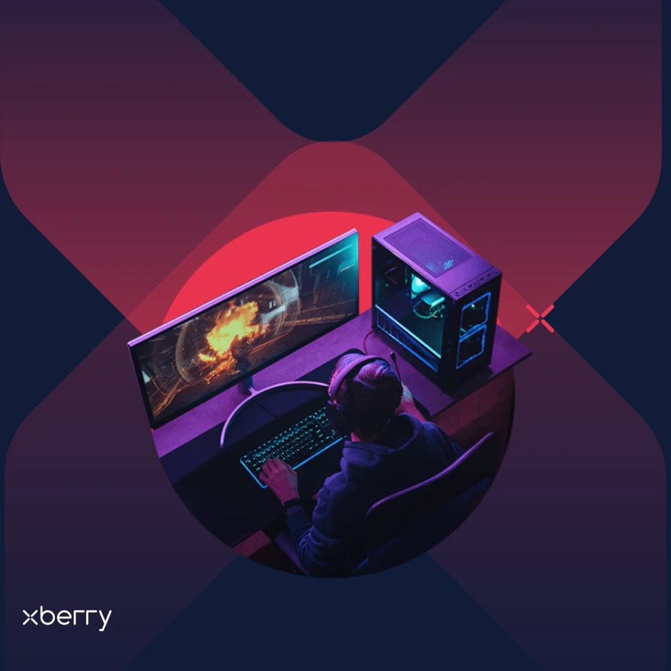 Młoda osoba gra w grę komputerową na wysokiej klasy sprzęcie gamingowym z dużym monitorem