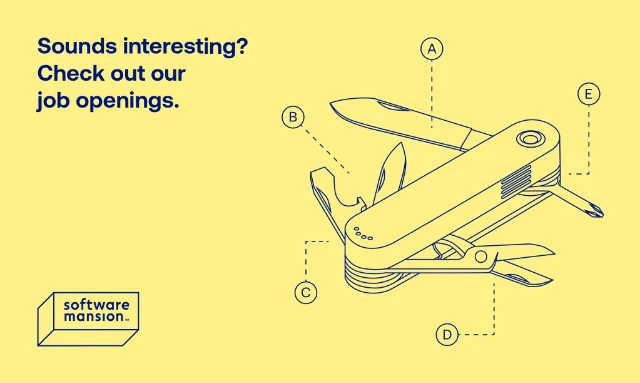 Grafika prezentująca scyzoryk wielofunkcyjny z opisem narzędzi oraz zachętą do zapoznania się z ofertą pracy w Software Mansion