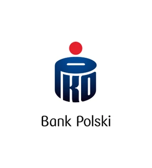 Logo PKO Bank Polski w nowoczesnym stylu z czerwonym kółkiem nad niebieskim symbolem i nazwą firmy