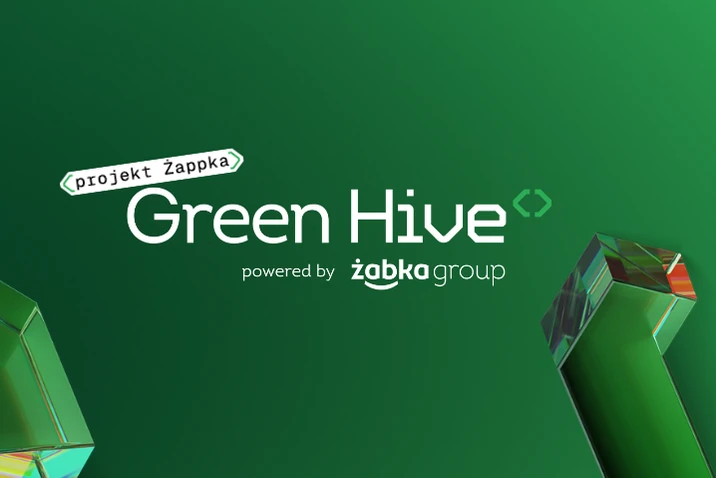 Logo Green Hive projektu Żappka na zielonym tle z elementami graficznymi i nazwą Żabka Group