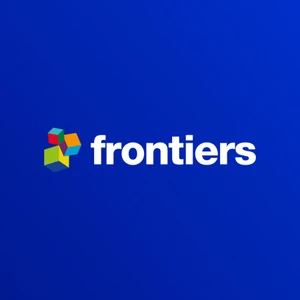 Logo firmy Frontiers na niebieskim tle z kolorowymi sześcianami obok nazwy