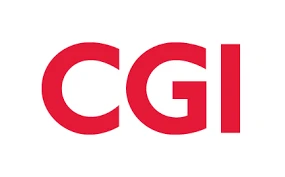 Logo firmy CGI na białym tle w czerwonym kolorze, symbolizujące globalną firmę technologiczną