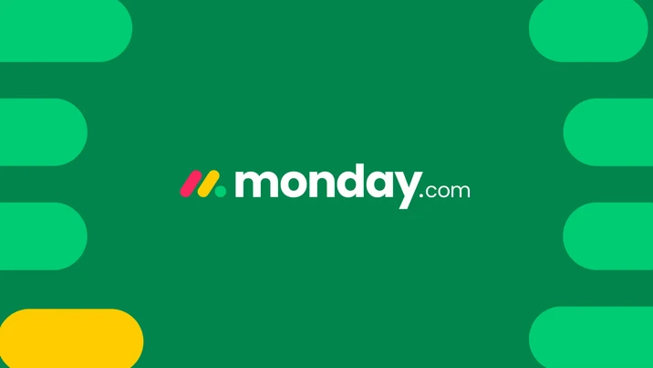 Logo monday.com na zielonym tle z elementami kolorów czerwonego, żółtego i zielonego symbolizujące narzędzie do zarządzania projektami