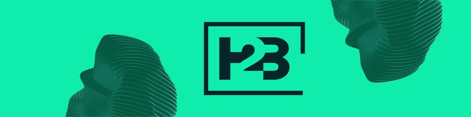 Nowoczesne logo H2B na zielonym tle z abstrakcyjnymi kształtami, symbol innowacyjnej firmy