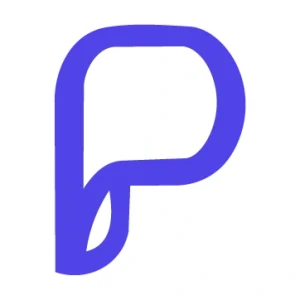 Logo firmy z literą P w stylizowanym kształcie z elementem przypominającym liść w kolorze niebieskim