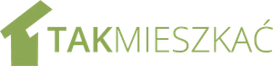 Logo firmy Tak Mieszkać z zielonym symbolem domu i napisem po prawej stronie