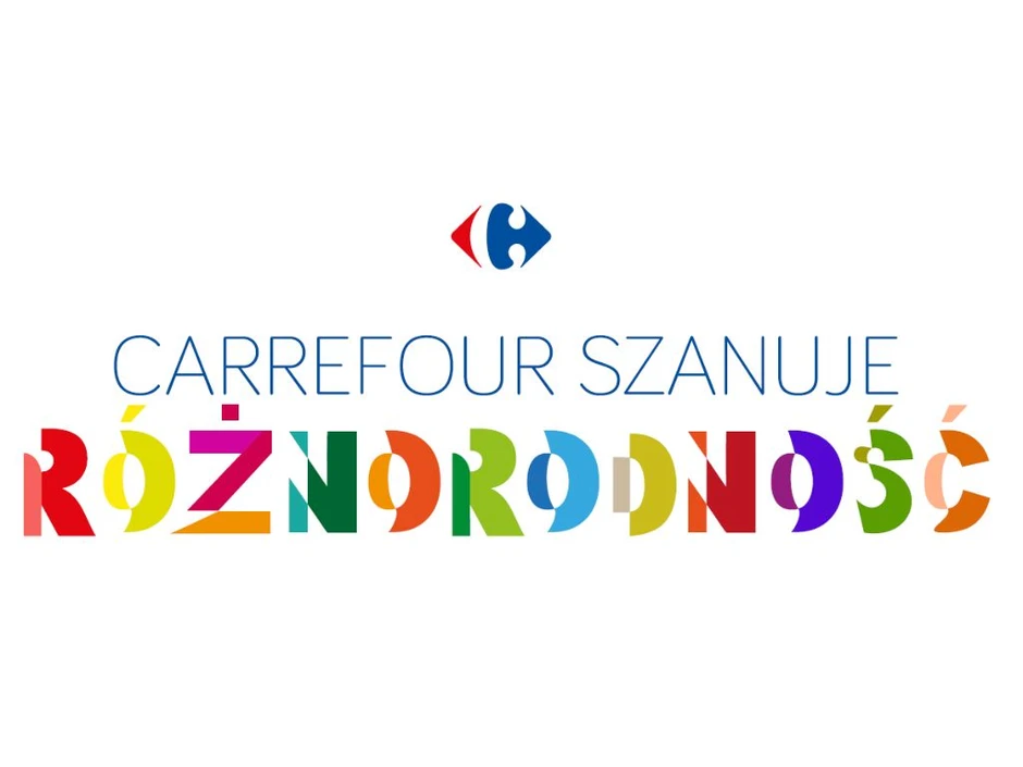 Logo Carrefour z hasłem "Carrefour szanuje różnorodność" napisanym kolorowymi literami na białym tle