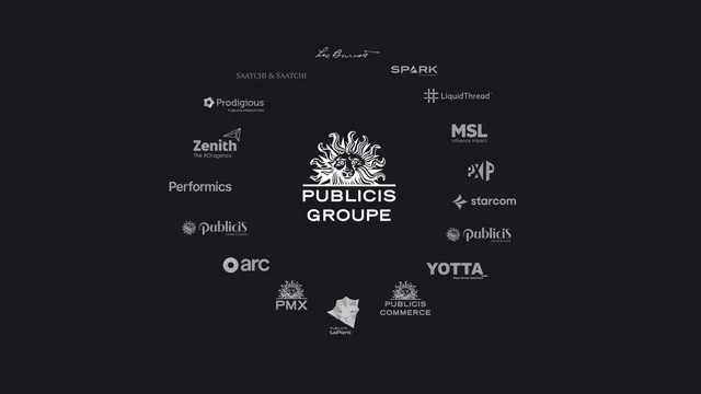 Logo Publicis Groupe w centrum otoczone logo różnych agencji należących do grupy reklamowej