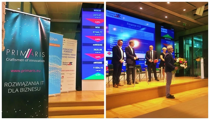 Konferencja biznesowa Finanse 4.0 z prelegentami na scenie i banerami firmowymi IT i finansów