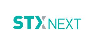 Logo firmy STX Next w nowoczesnym stylu z turkusowymi i szarymi literami na czarnym tle