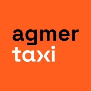 Logo firmy Agmer Taxi na pomarańczowym tle z czarną i białą nowoczesną czcionką