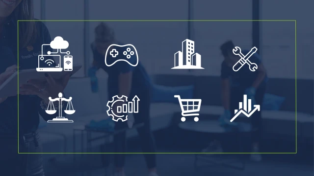 Ikony reprezentujące technologię, gry, budownictwo, narzędzia, prawo, rozwój, zakupy i analizę na tle biura