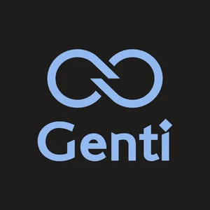 Logo firmy Genti w jasnoniebieskim kolorze na czarnym tle z symbolem nieskończoności