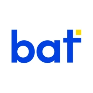 Logo firmy bat w nowoczesnym stylu z niebieskimi literami i żółtym akcentem na literze t