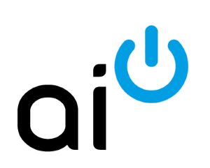 Logo firmy IntelliPower z niebieskim symbolem włącznika obok czarnego napisu