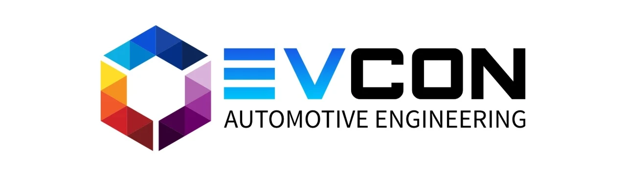 Logo EVCON przedstawia wielokolorowy sześciokąt i napis EVCON Automotive Engineering specjalizujący się w inżynierii motoryzacyjnej
