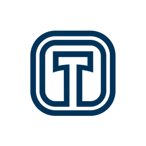 Granatowe logo z literą T w nowoczesnym stylu na czarnym tle symbolizujące markę pracodawcy