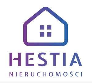 Logo firmy Hestia Nieruchomości z symboliczny domem i oknami w kolorze fioletowo-niebieskim