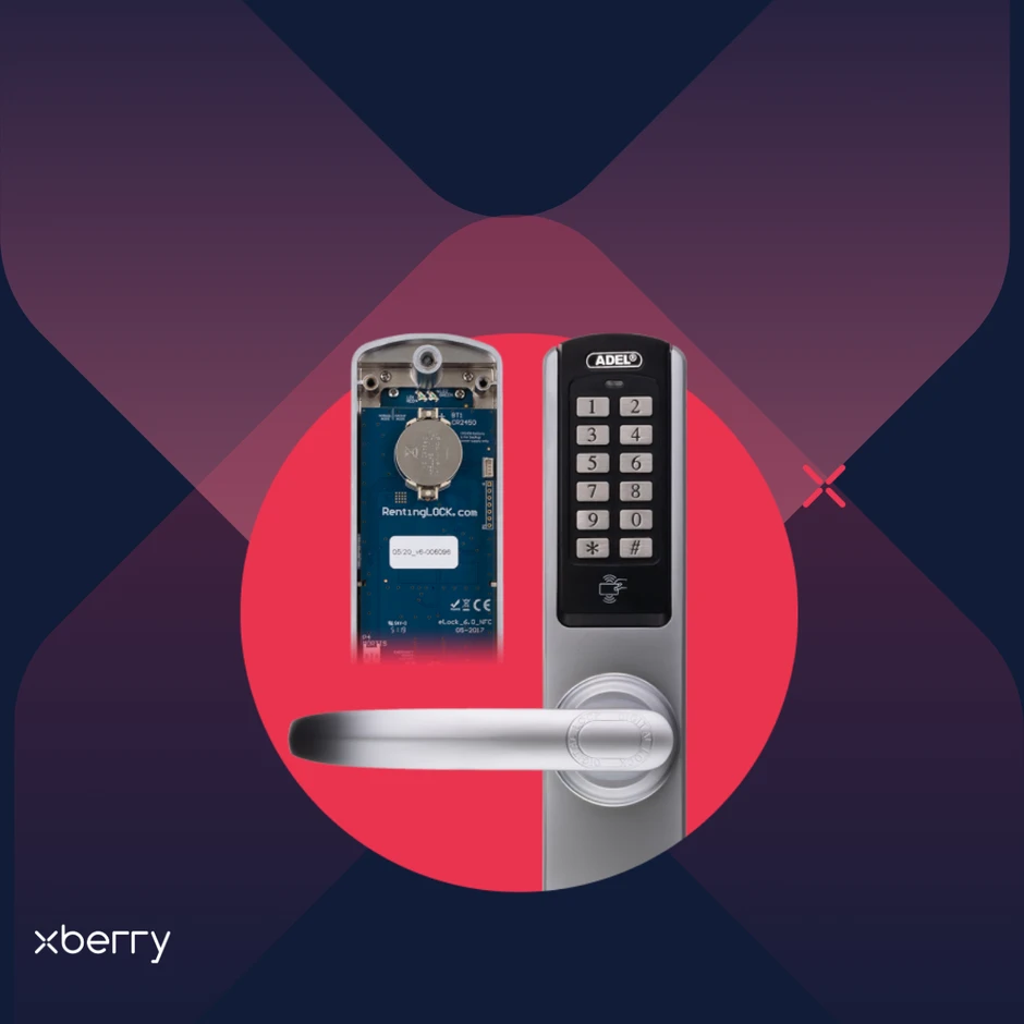 Nowoczesna cyfrowa blokada drzwi ADEL z klawiaturą i czytnikiem kart RFID prezentowana na tle graficznym