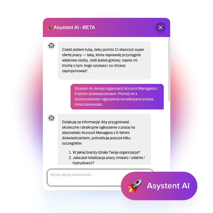Chat z Asystentem AI pomagającym tworzyć atrakcyjne oferty pracy dla specjalistów z doświadczeniem