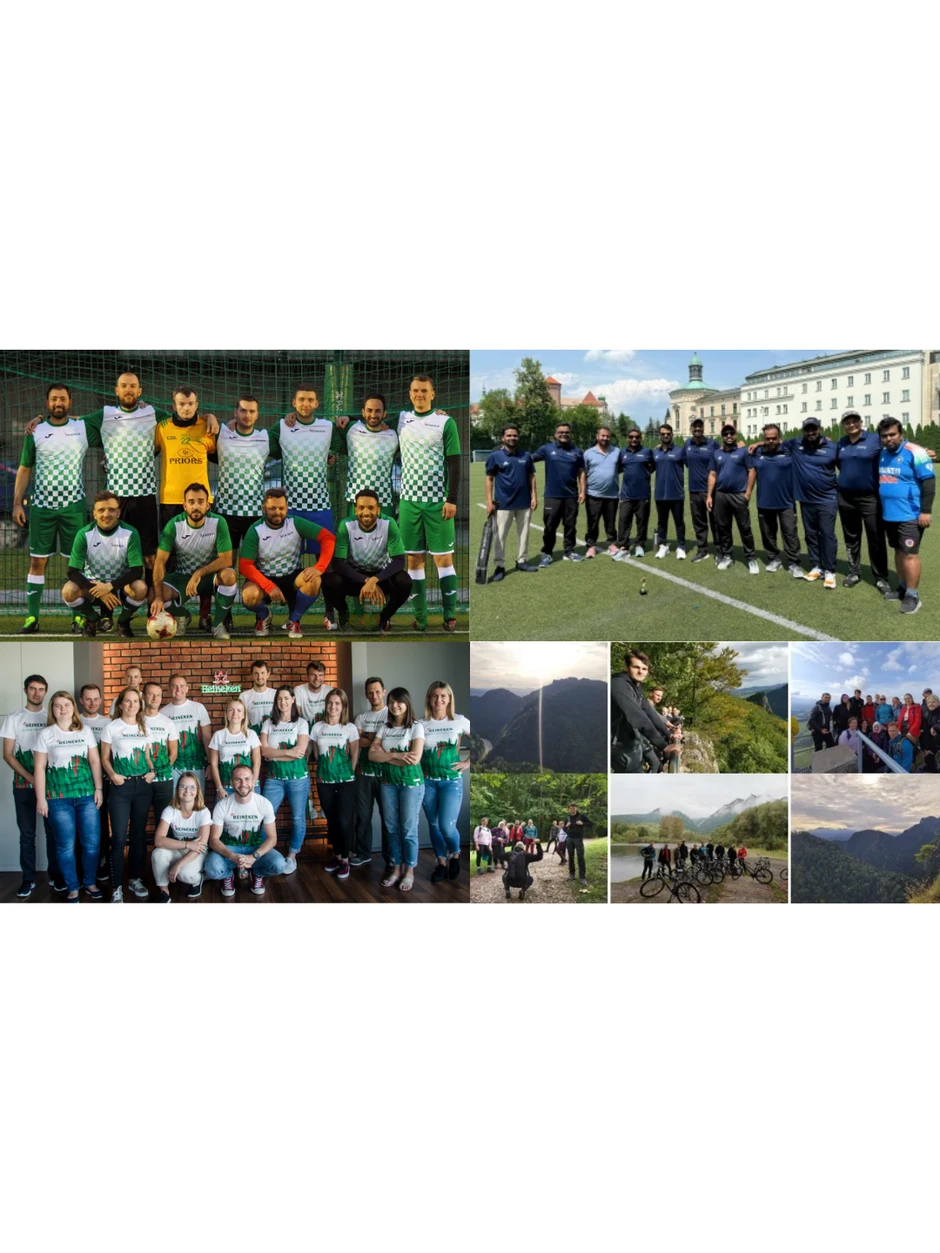 Zespół pracowników podczas gry w piłkę, wspólnych wycieczek rowerowych i spotkań integracyjnych na świeżym powietrzu