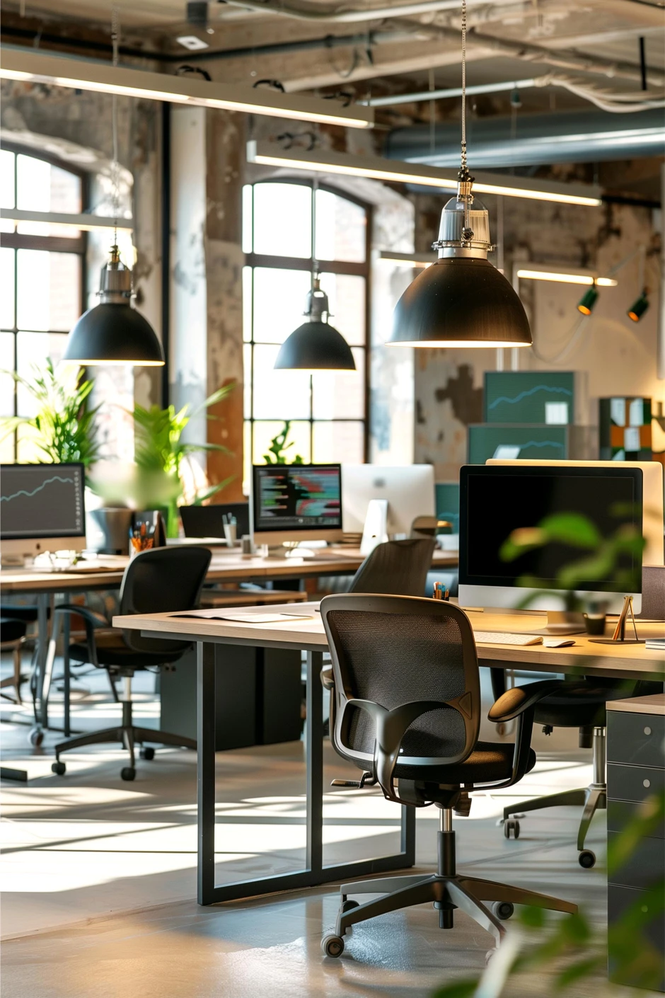 Nowoczesne biuro open space z komputerami i ergonomicznymi krzesłami w jasnym wnętrzu z dużymi oknami