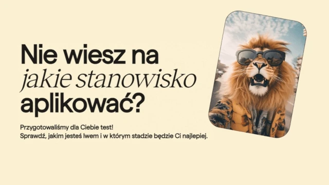 Grafika z napisem zachęcającym do testu pomagającego dobrać stanowisko pracy oraz lwem w okularach przeciwsłonecznych