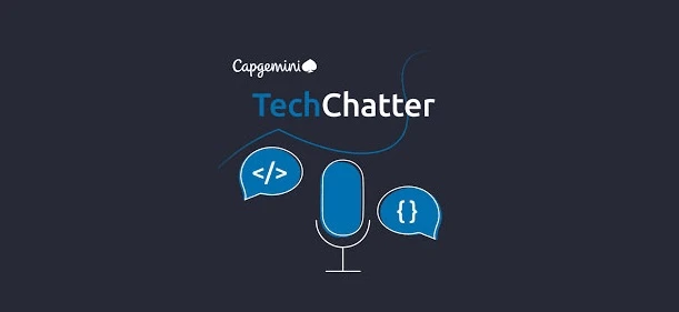 Logo Capgemini TechChatter z mikrofonem i ikonami kodu na granatowym tle, symbolizujące podcast technologiczny
