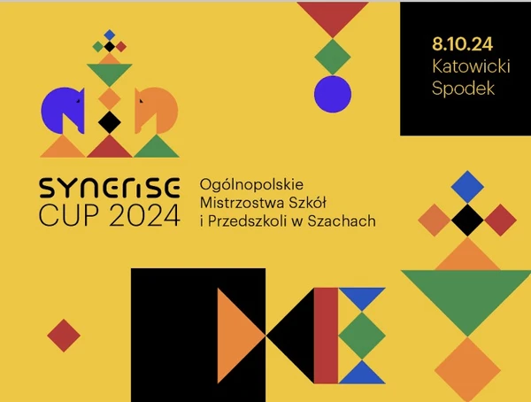 Plakat Synerise Cup 2024 z informacją o Ogólnopolskich Mistrzostwach Szkół i Przedszkoli w Szachach w Katowickim Spodku