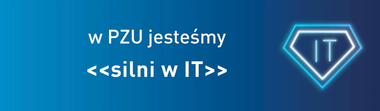Grafika z napisem w PZU jesteśmy silni w IT na niebieskim tle z neonowym symbolem IT