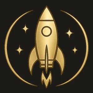 Złoty stylizowany rakieta kosmiczna na czarnym tle z gwiazdami, symbol szybkiego rozwoju i innowacji