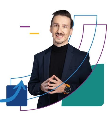 Mężczyzna w garniturze i czarnym golfie uśmiecha się na tle kolorowych wykresów i grafik biznesowych