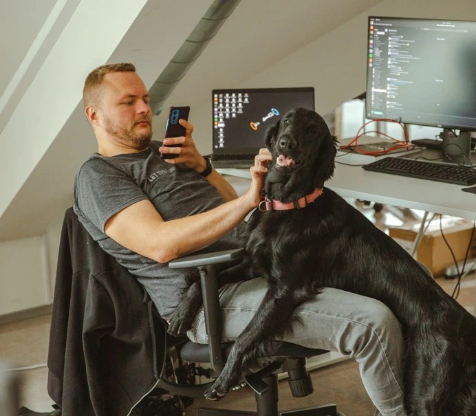 Mężczyzna pracujący przy biurku w biurze z dużym czarnym psem siedzącym na kolanach i korzystającym z telefonu