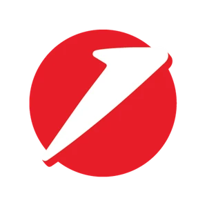 Czerwone logo firmowe z białym motywem strzały symbolizującym dynamikę i rozwój firmy